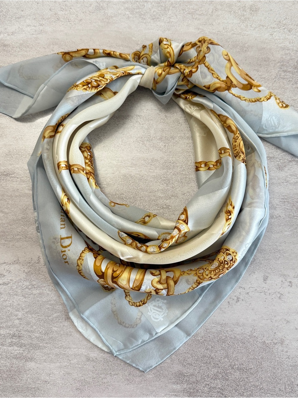 Dior Pale Blue Silk-Feel Scarf with Gold Chain Motif